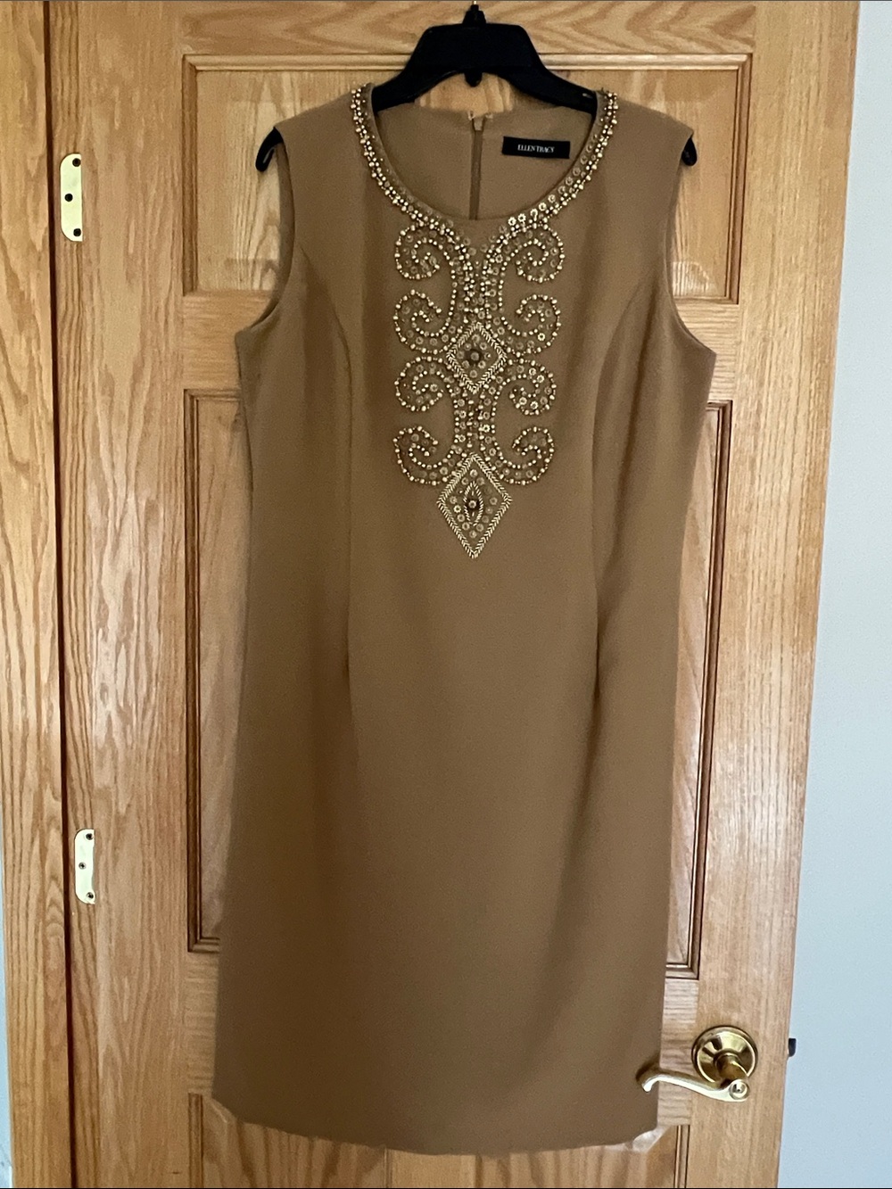 Ellen Tracy Camel Sheath Dress with Beaded Yoke